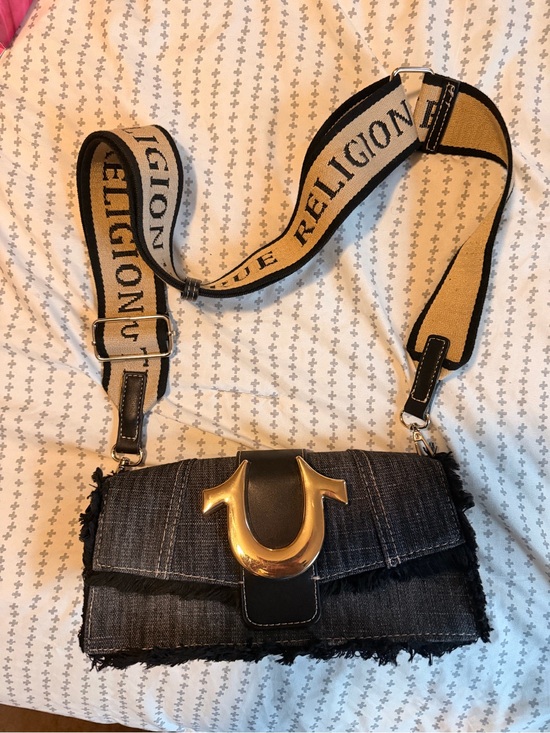 True Religion Handbags - True Religion Black Denim Crossbody with Gold Emblem and Branded Strap